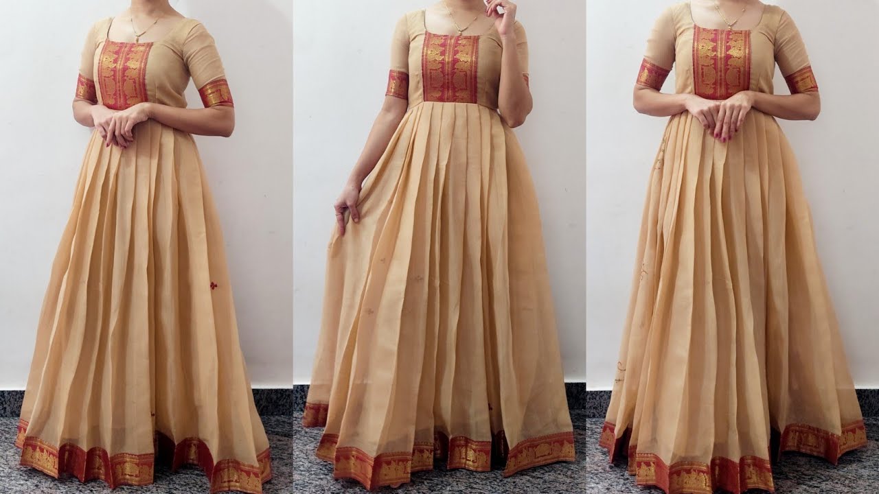 Convert old saree into Long Gown with Patchwork Neck Design || Pleated Gown Cutting and Stitching