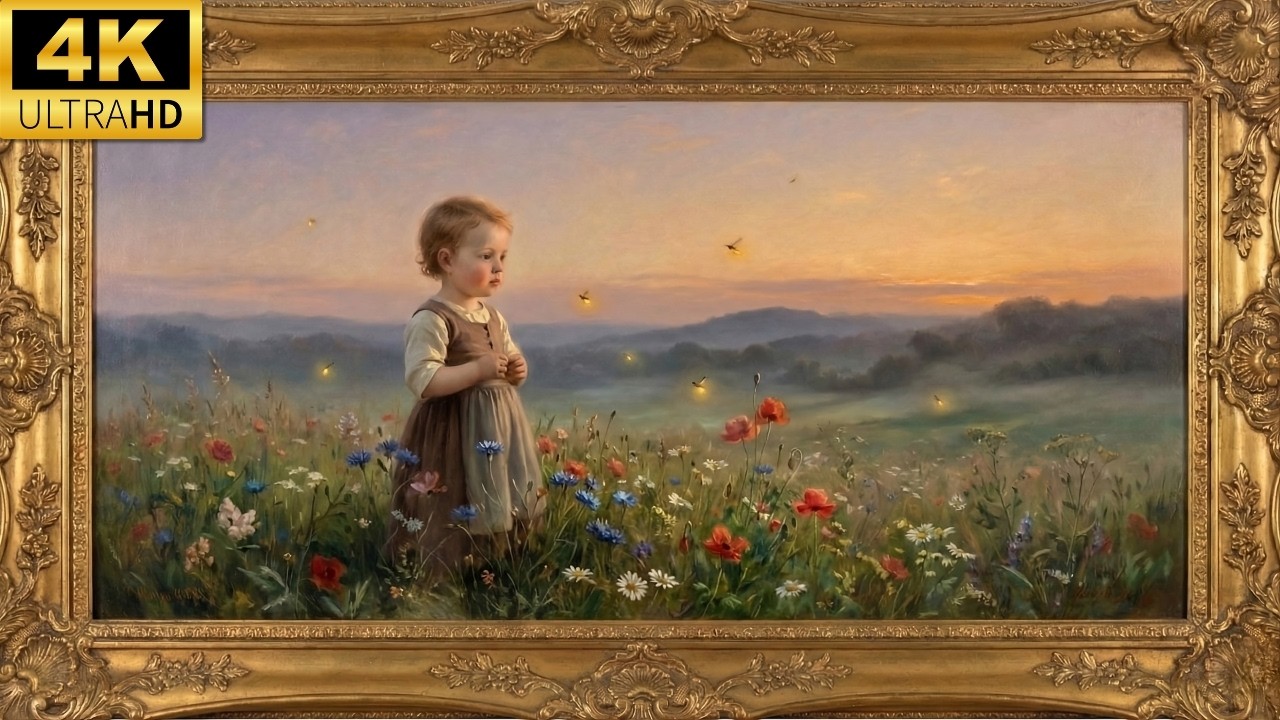 Vintage Girl in Flower Field Golden Hour | 4K UHD Frame TV Art
