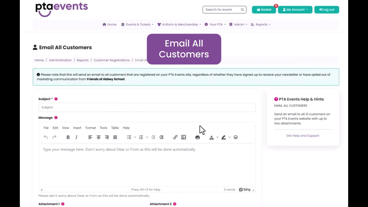 PTA Events Tutorials - How do I send an email to all registered customers