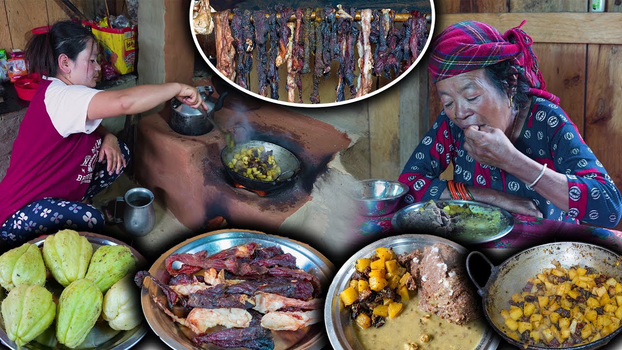 Buff Meat & Squash Mix Fry Recipe in the village kitchen | New Nepali Village food Vlog #buffdrymeat