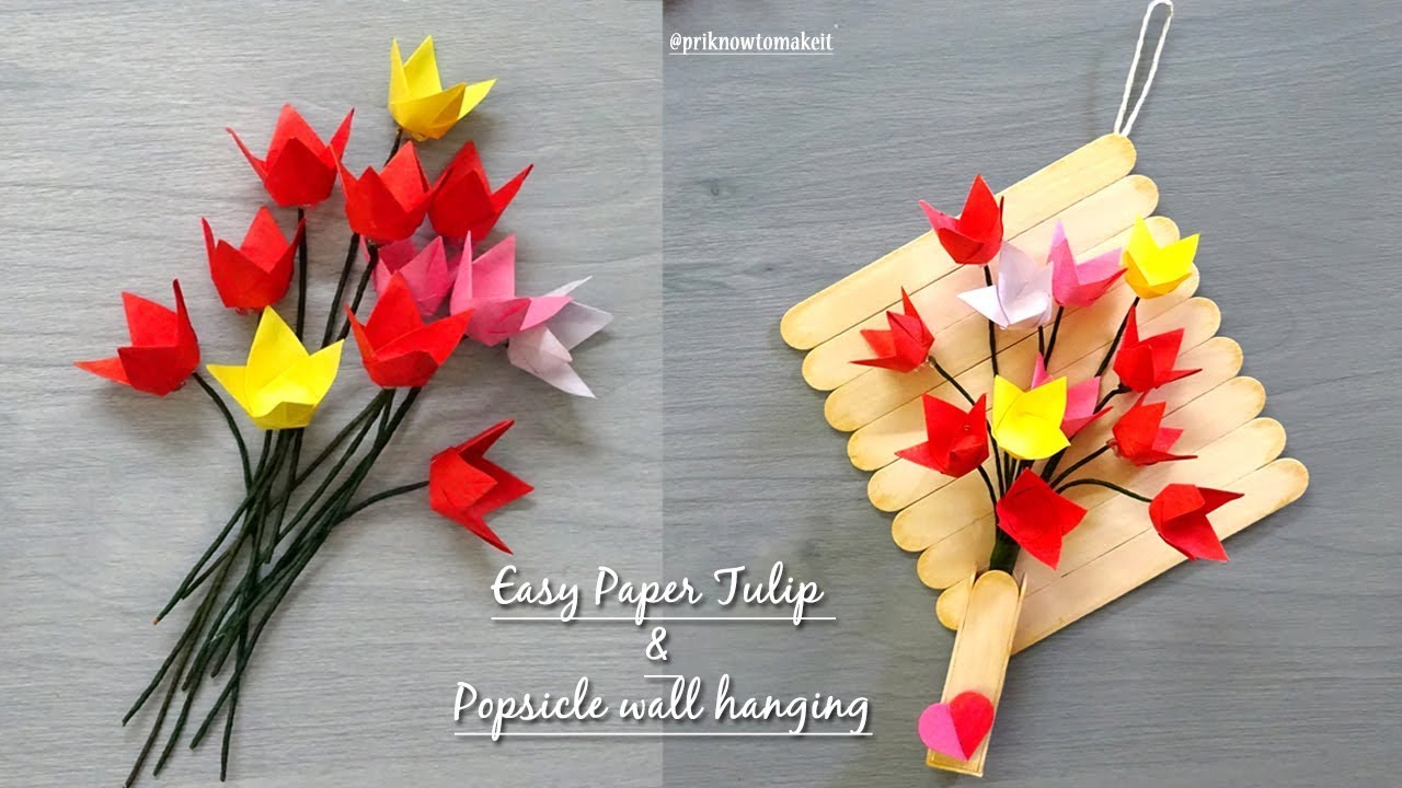 Paper flowers Tulip, origami flower tutorial & Popsicle stick wall hanging