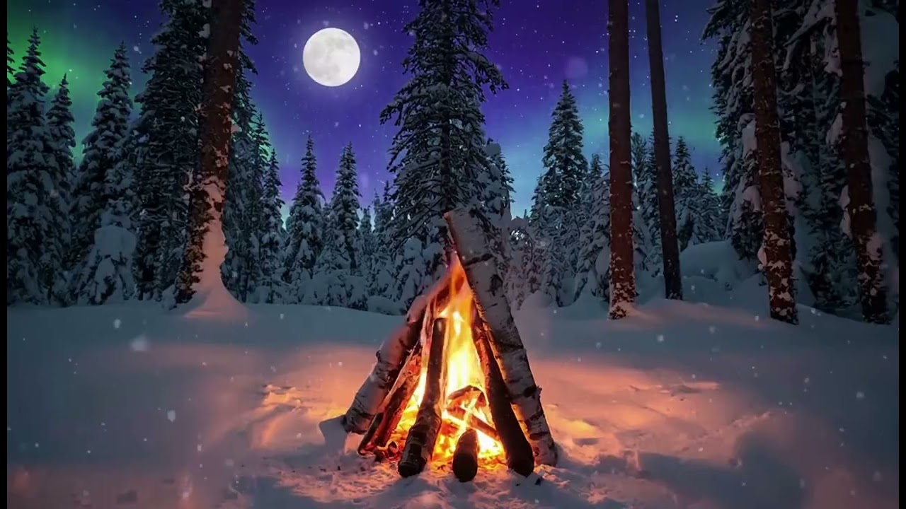 Snowy Night Campfire Ambience ❄️🔥 Crackling Fire in Winter | Relax, Sleep, Study (No Music)