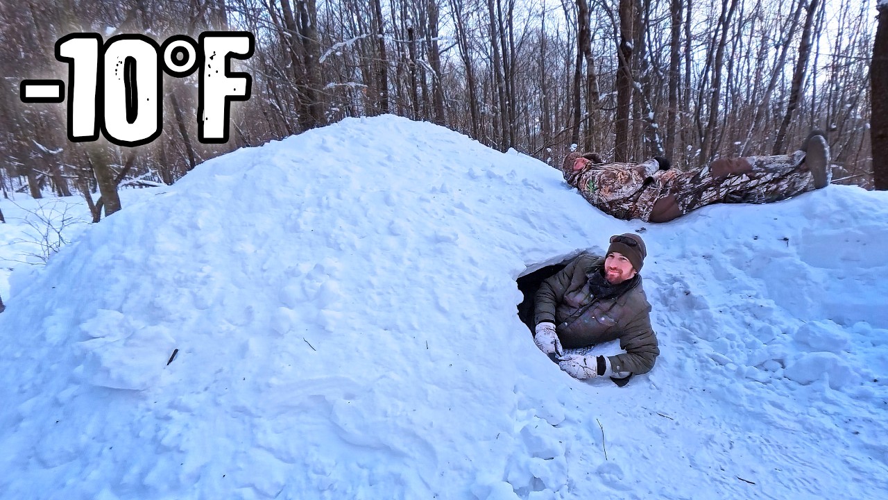 -10°F Camping Overnight in a Quinzee Snow Shelter