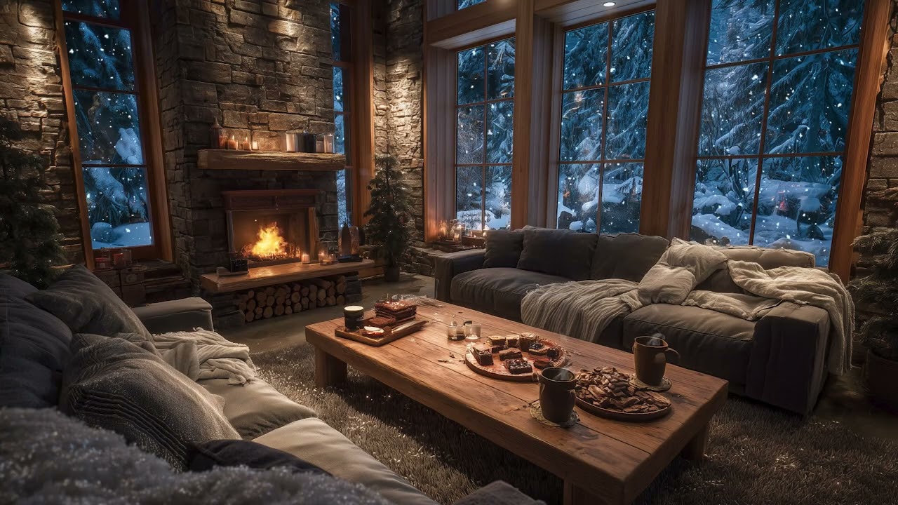 Cozy Winter Cabin by the Forset ❄️ | Soft Jazz Piano, Falling Snow & Fireplace Sounds for Sleep