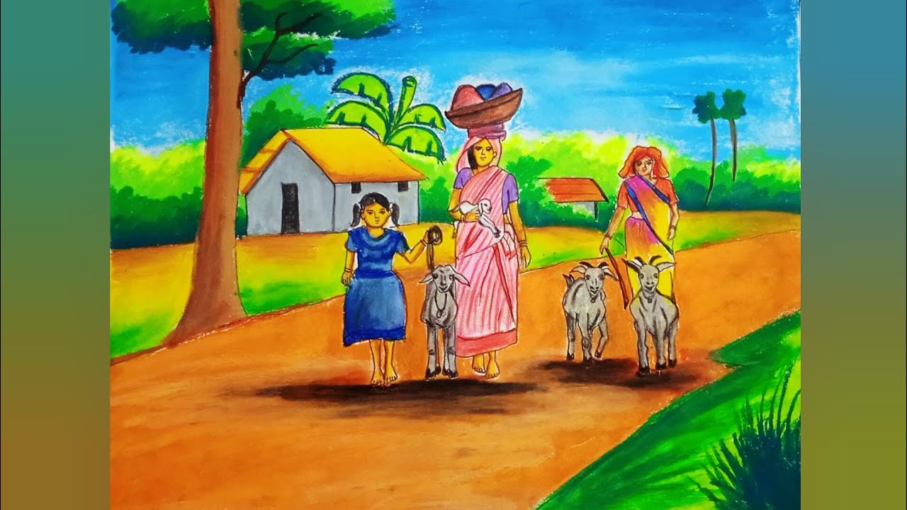 part 1 HOW TO DRAW SCENERY DRAWING WITH HUMAN FIGURE/NATURE DRAWING/ VILLAGE LANDSCAPE STEP BY STEP