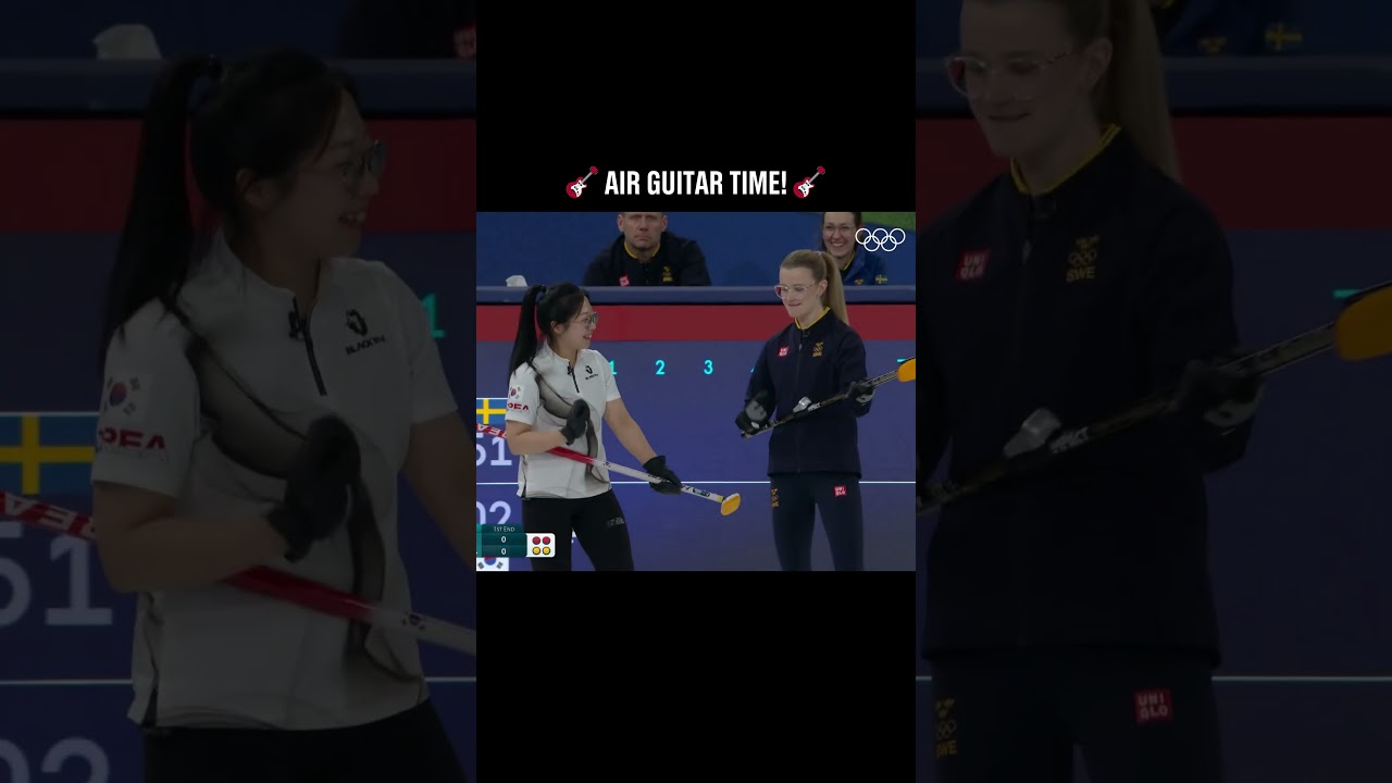 🎸🤝🎸 Competitors on the curling rink, but also the ultimate air guitar duo!