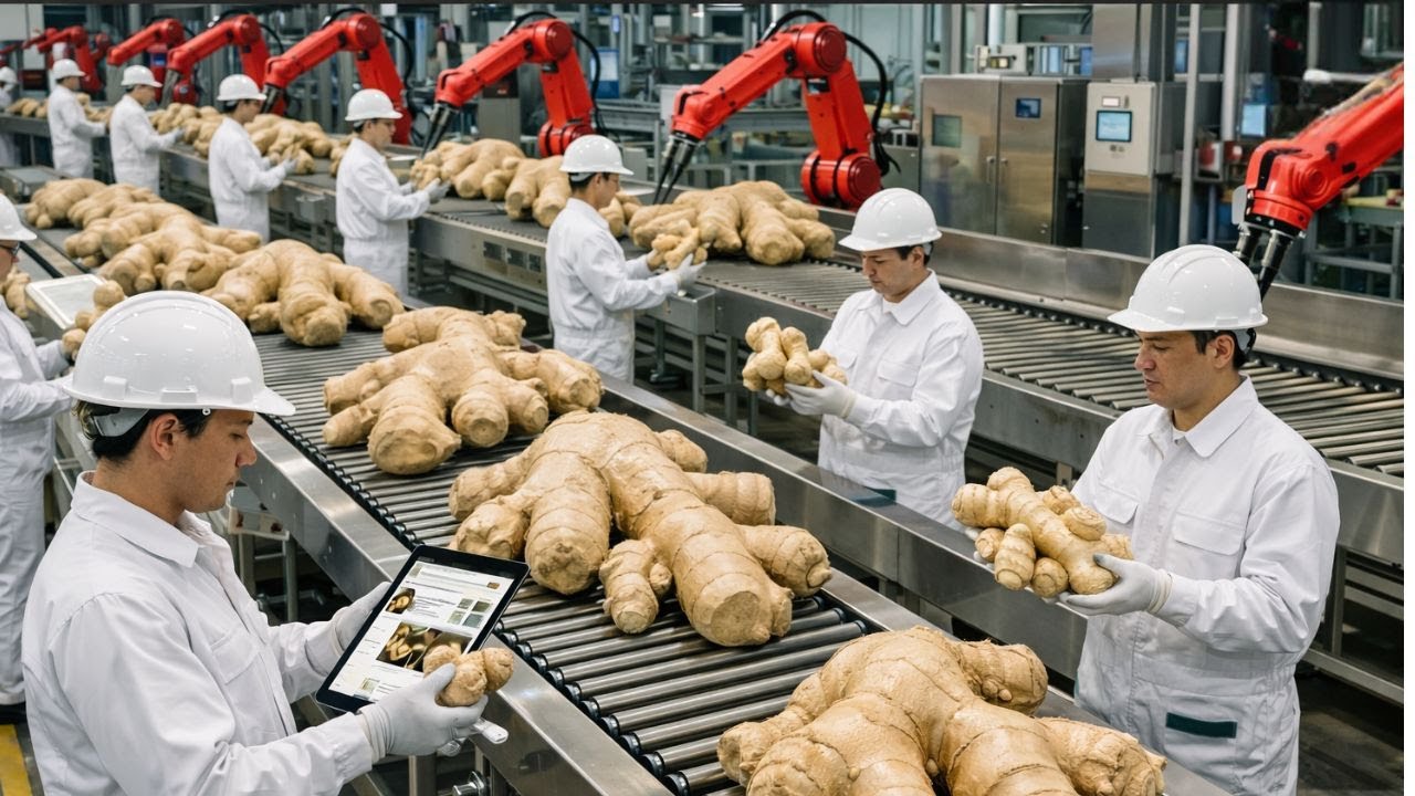 Dentro de una f&aacute;brica moderna de jengibre c&oacute;mo se muele el jengibre dorado saludable