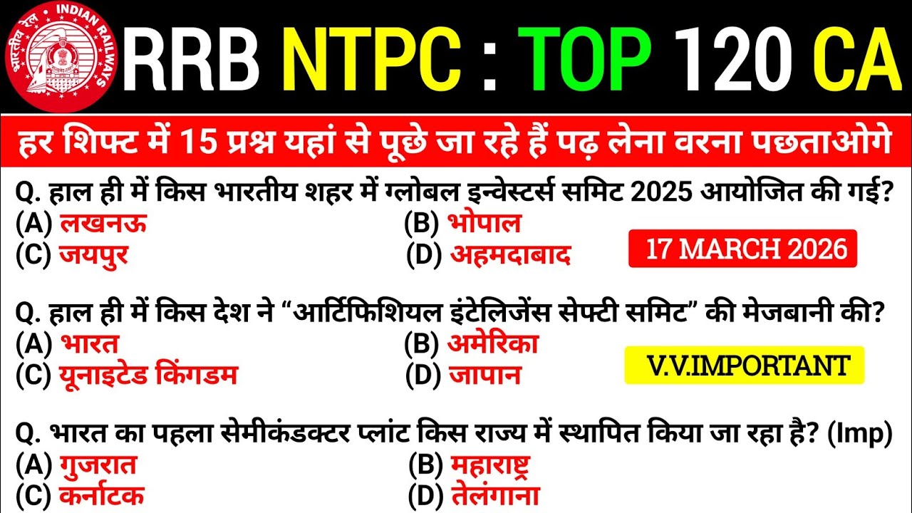 RRB NTPC 2026 | NTPC Current Affairs 2026 | Best 1000 MCQs | Current Affair For RRB NTPC 2026