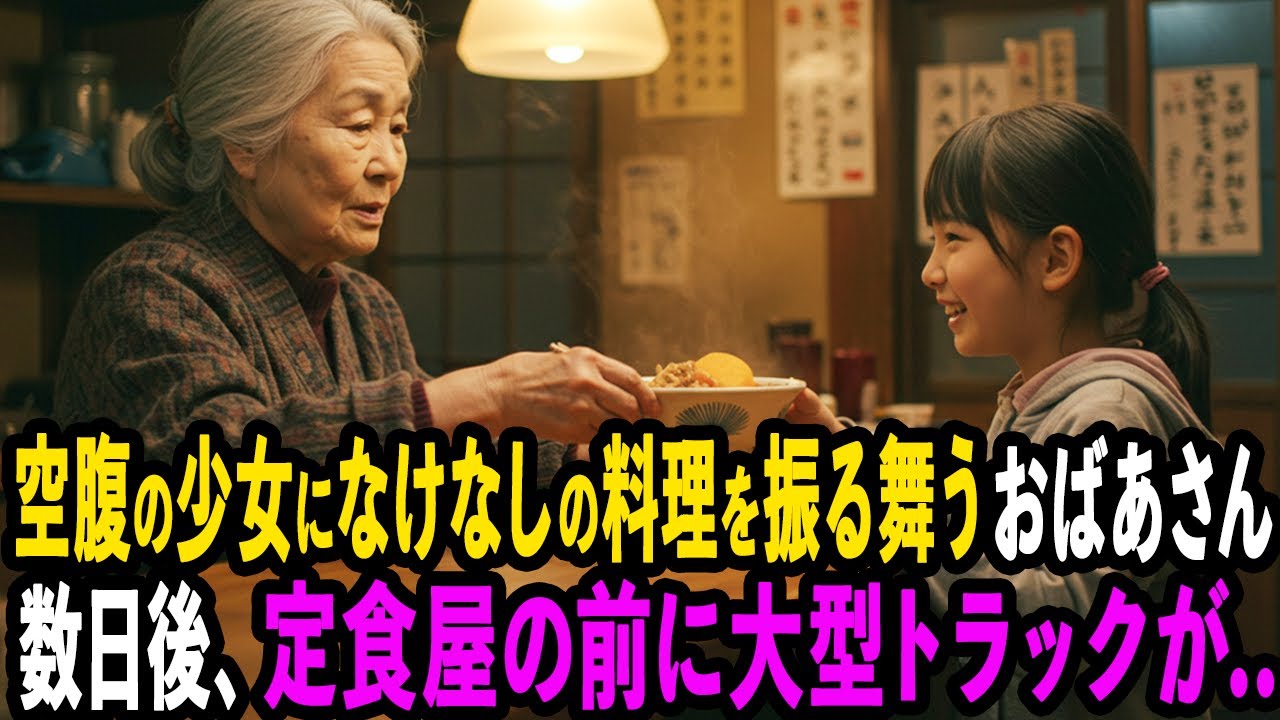 お腹を空かせた9歳少女になけなしの料理を振る舞うおばあさん。数日後、定食屋前に大型トラックが…
