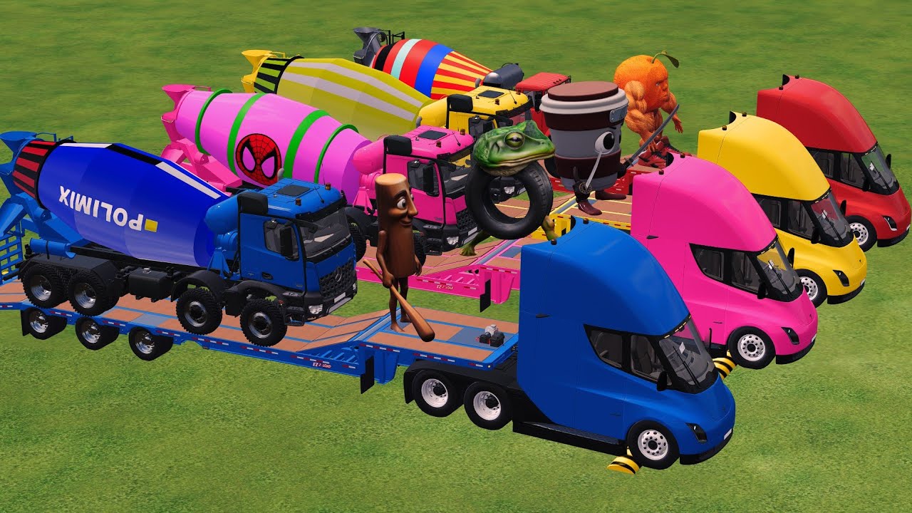 Trucks With Colors - MIXER TRUCK and BOX TRUCK with FLATBED TRAILER TRUCK, MERCEDES, DAF - FS22