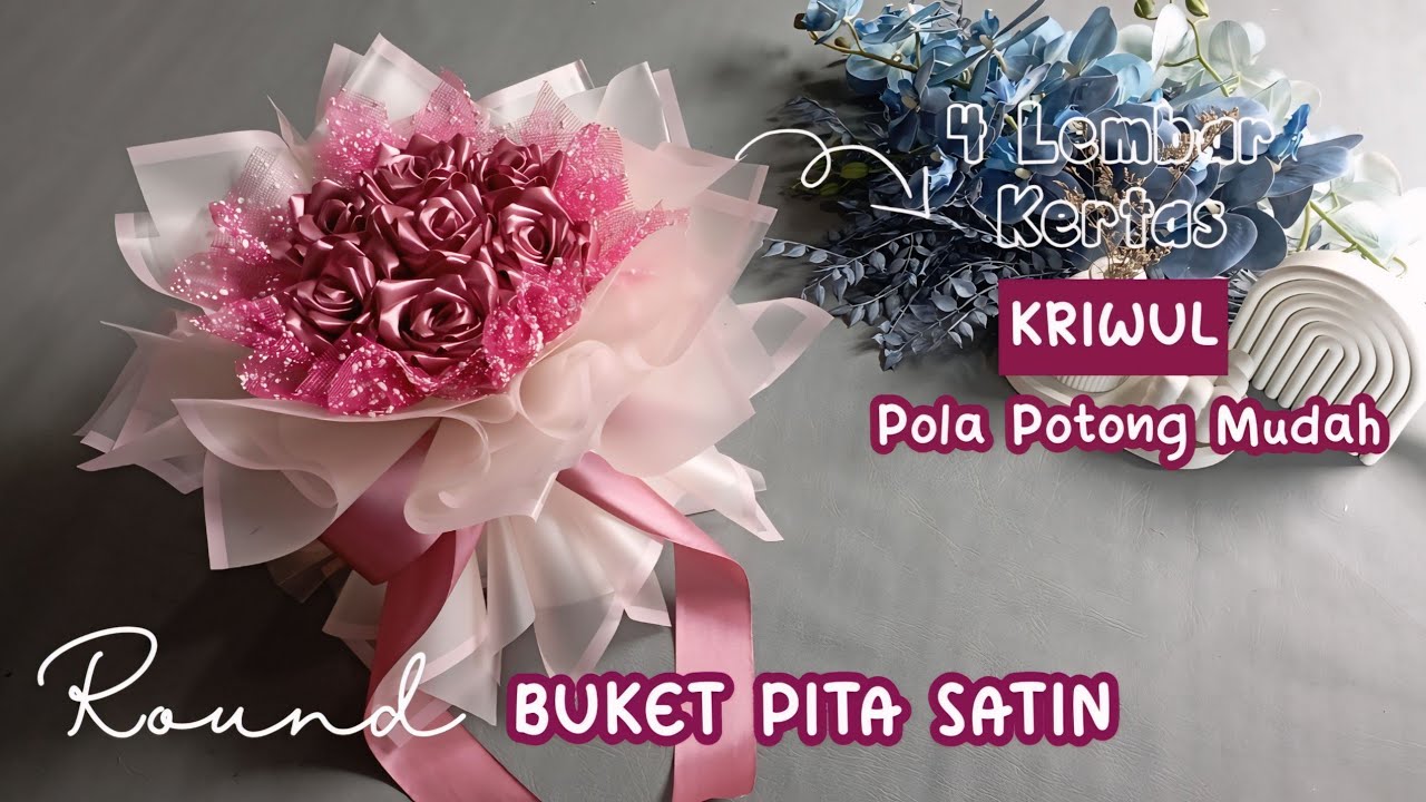 Cara membuat buket mawar pita satin 7 tangkai wrapping kriwul / round bouquet  rose satin ribbon 
