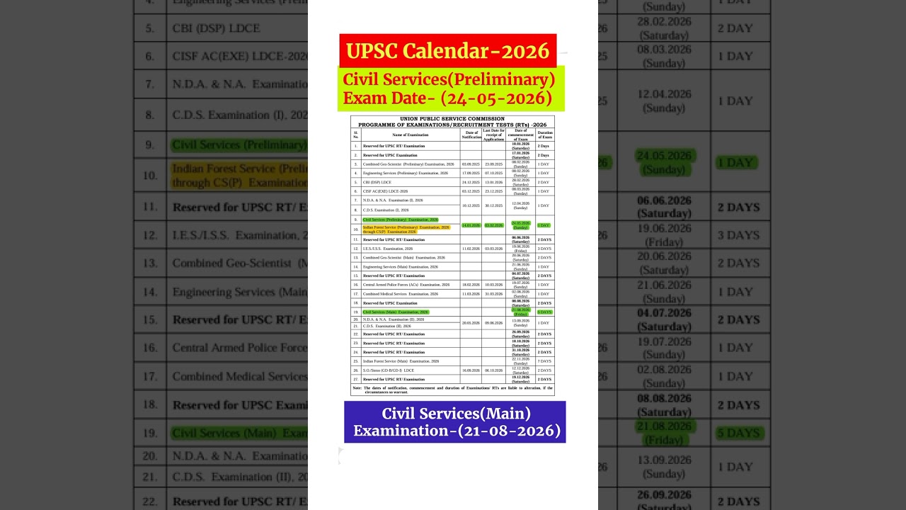 UPSC Calendar 2026 || Civil Services Exam Calendar 2026 || IAS 2026 Exam Calendar