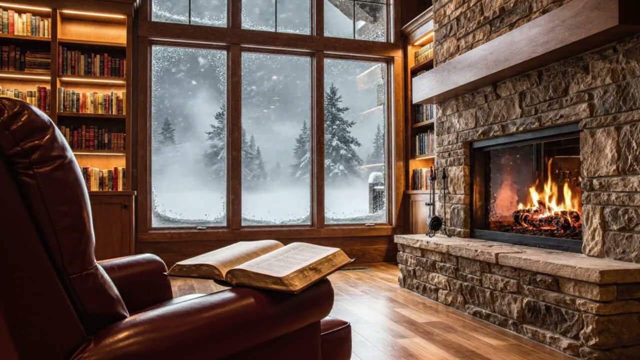 Fireplace Sounds for Reading & Sleep 🔥 Snow Falling Outside Window, Cozy Cabin Ambience (No Music)