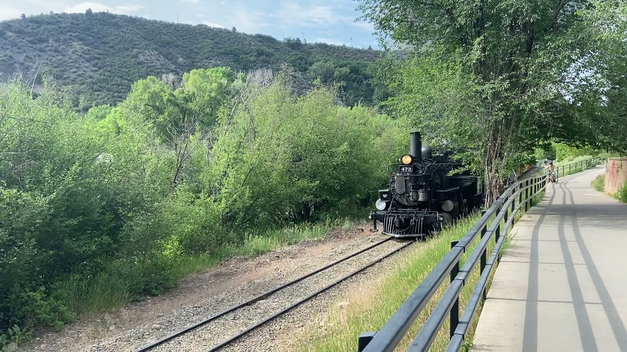 D&SNG charging out of Durango along the Animas  River Trail, bound for Silverton, CO