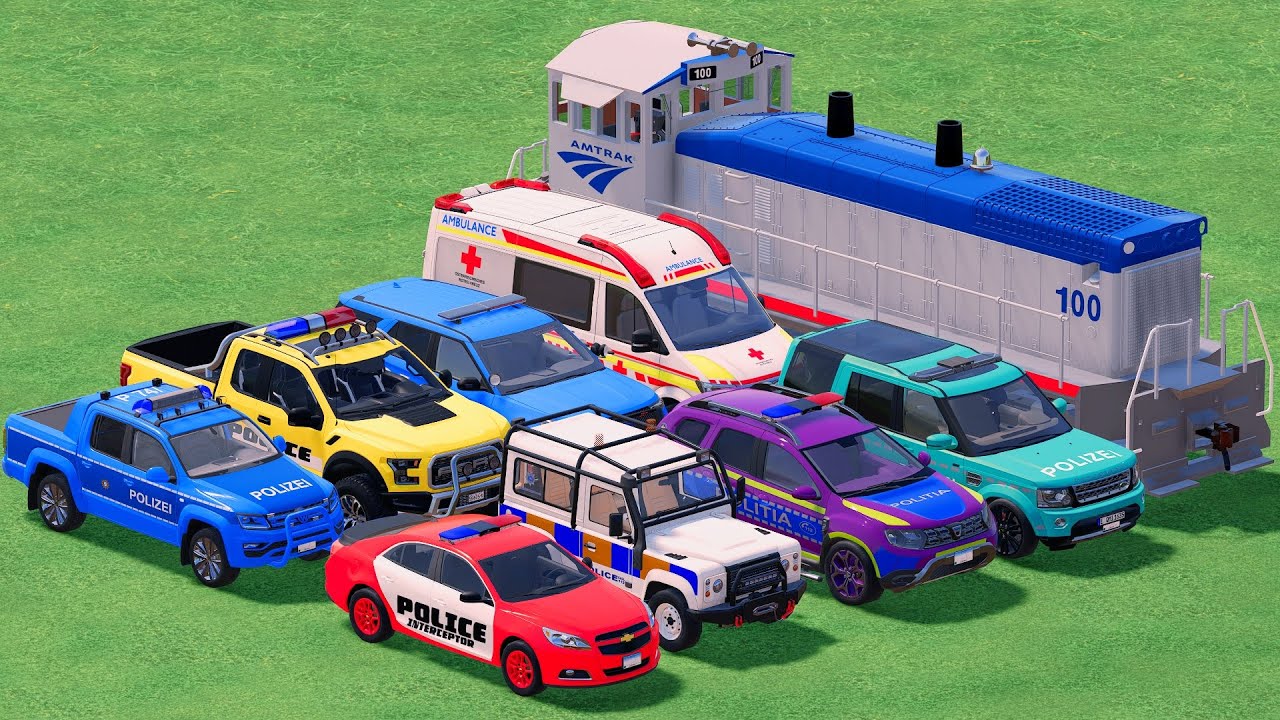 GO! POLICE CARS, AMBULANCE, FIRE TRUCK, COLORFUL CARS WITH TRUCK & TRAIN FARMING SIMULATOR 22! #93