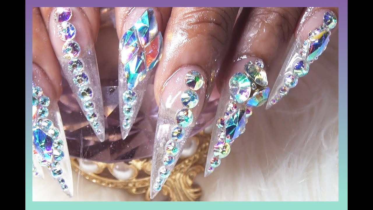 Blingy Clear Stiletto Sculpted Acrylic Nails