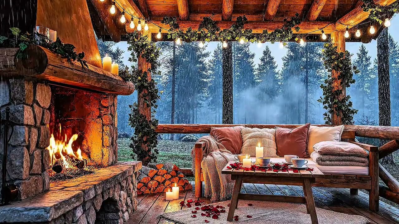 Valentine’s Day Cozy Porch Jazz 💕🎶 Smooth Jazz, Fireplace & Rain Sounds for Relax