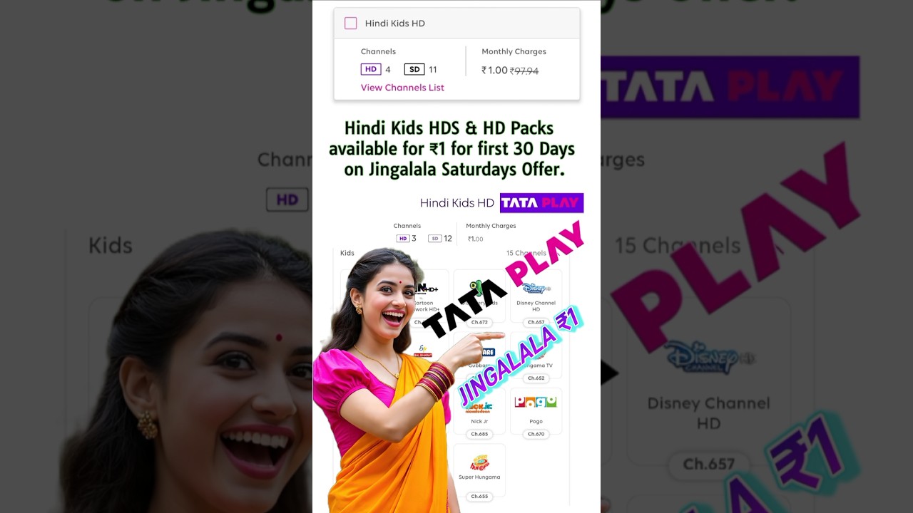 Tata Play Hindi Kids HD Pack available for ₹1 for first 30 Days on Jingalala Saturdays Offer