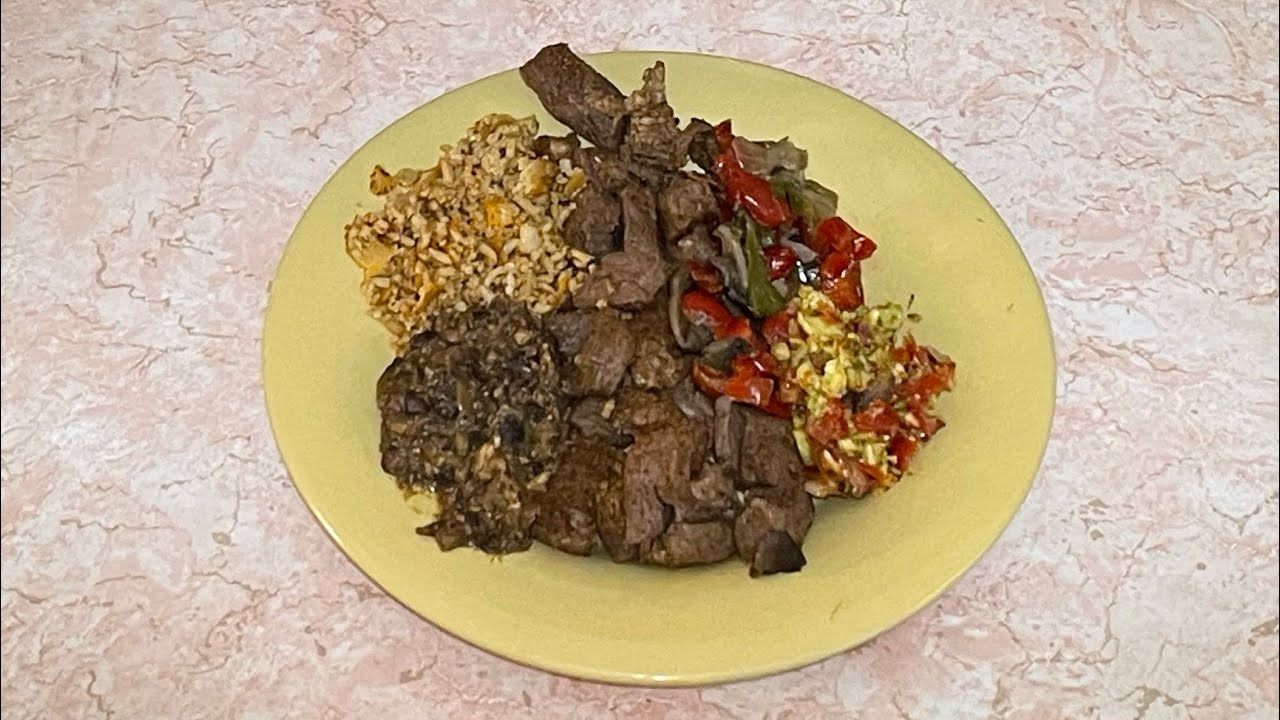 Low carb Mexican style beef fajitas, refried black soy beans, Spanish riced chicken, &  pico de guac