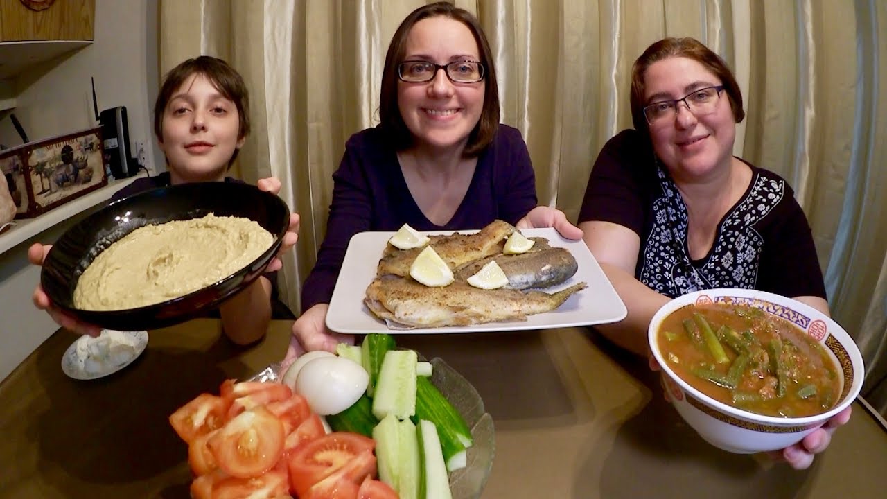 Freshly Caught Trout, Hummus And Okra  Gay Family Mukbang (먹방) - Eating Show