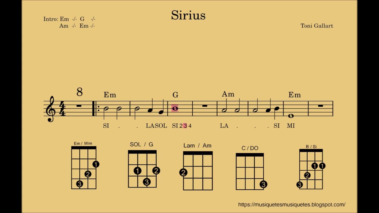 Sirius. Partitura fàcil. Notes: mi-sol-la-si-do’. SÍ melodia.