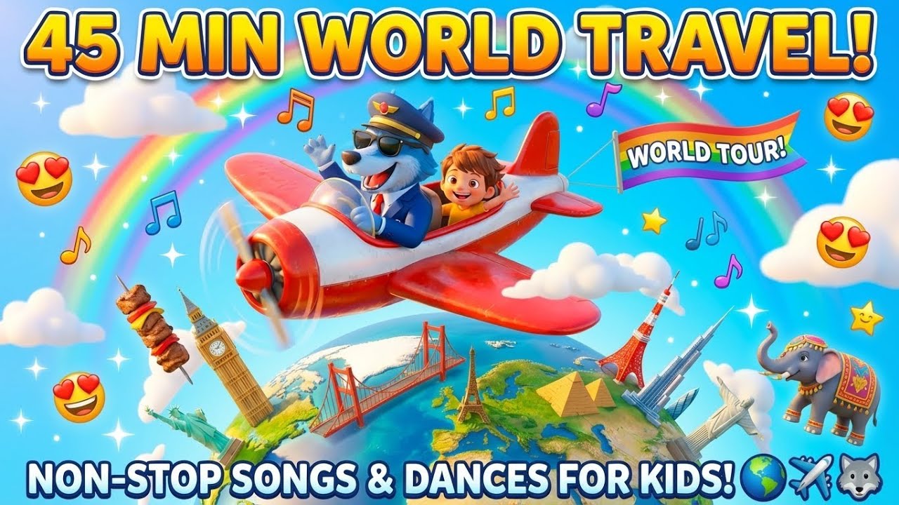 🌍 45 Minutes World Tour Songs for Kids ✈️ Blue Wolf Non-Stop Adventure | Nursery Rhymes & Cultures