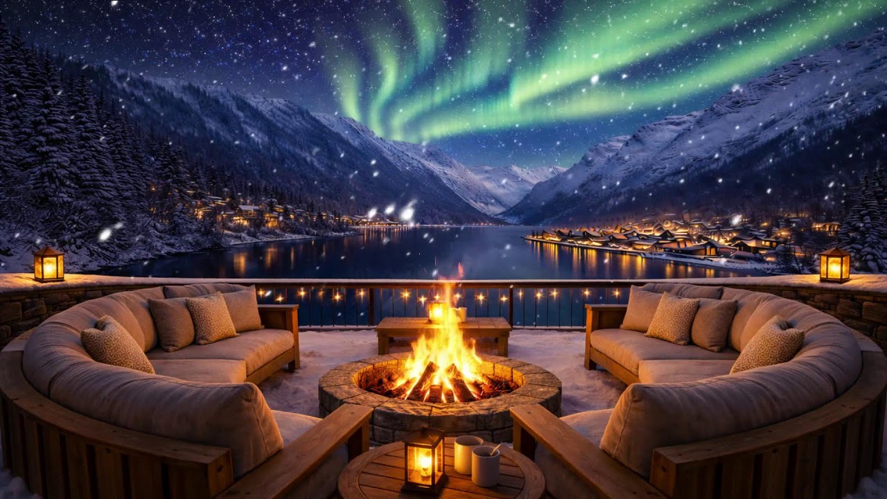 Perfect Calm Winter Night  Luxury Fire Pit Under Aurora Sky