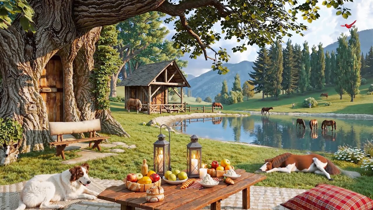 Rustic Summer Countryside Picnic with Piano Music – Dogs, Horses, Cabin & Lake View
