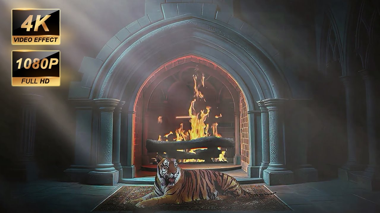 4K, Fireplace, Relaxing Ambience, Nature Sounds, Full HD, Cozy Atmosphere, Tiger.