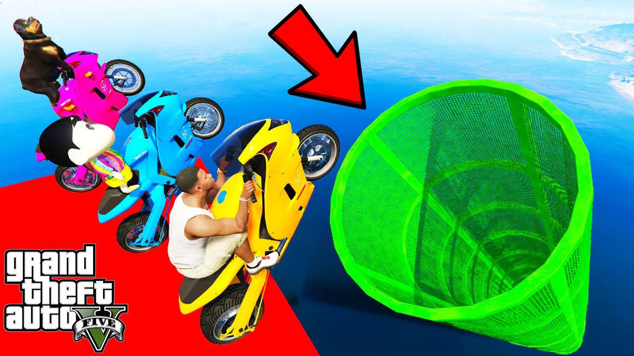 FRANKLIN TRIED IMPOSSIBLE DEEPEST GREEN TUNNEL MEGA PARKOUR RAMP CHALLENGE GTA 5 | SHINCHAN and CHOP