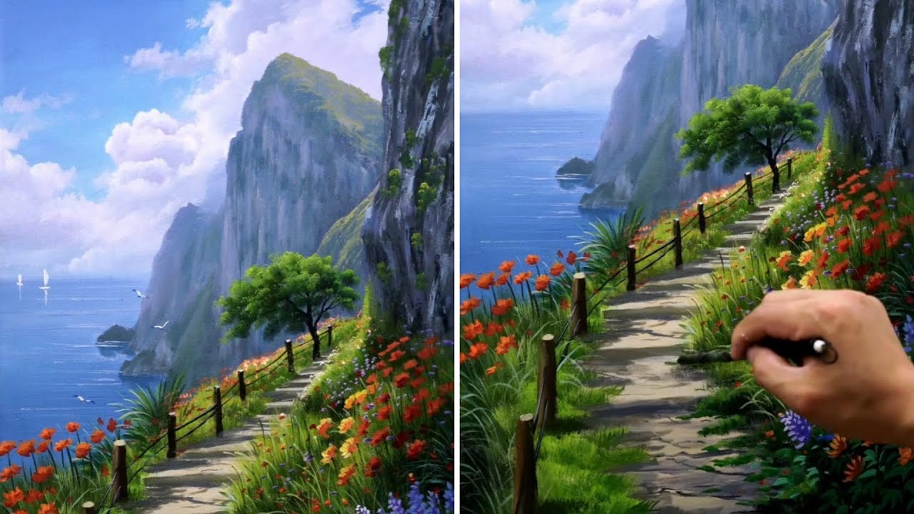 Painting A Mountain Road With Beautiful Scenery / Acrylic Painting for Beginners / STEP by STEP