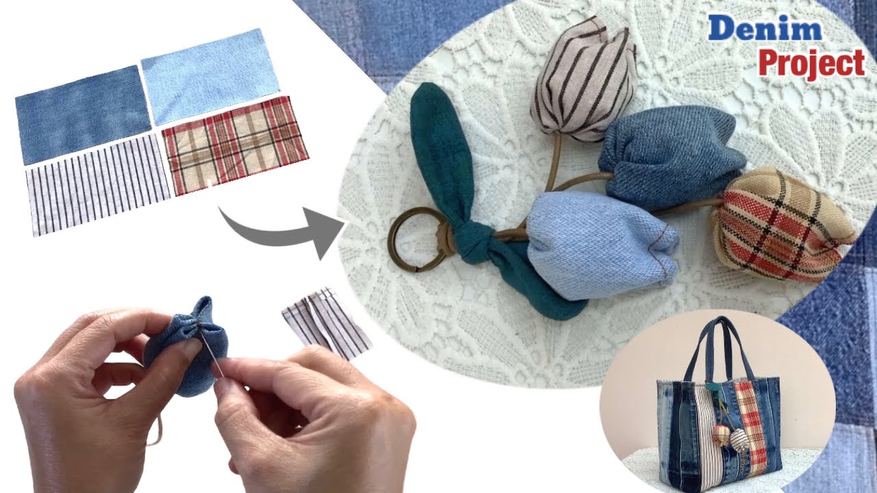 how to sew a denim tulip key chain tutorial, denim projects , old jeans reuse ideas ,tulip key chain
