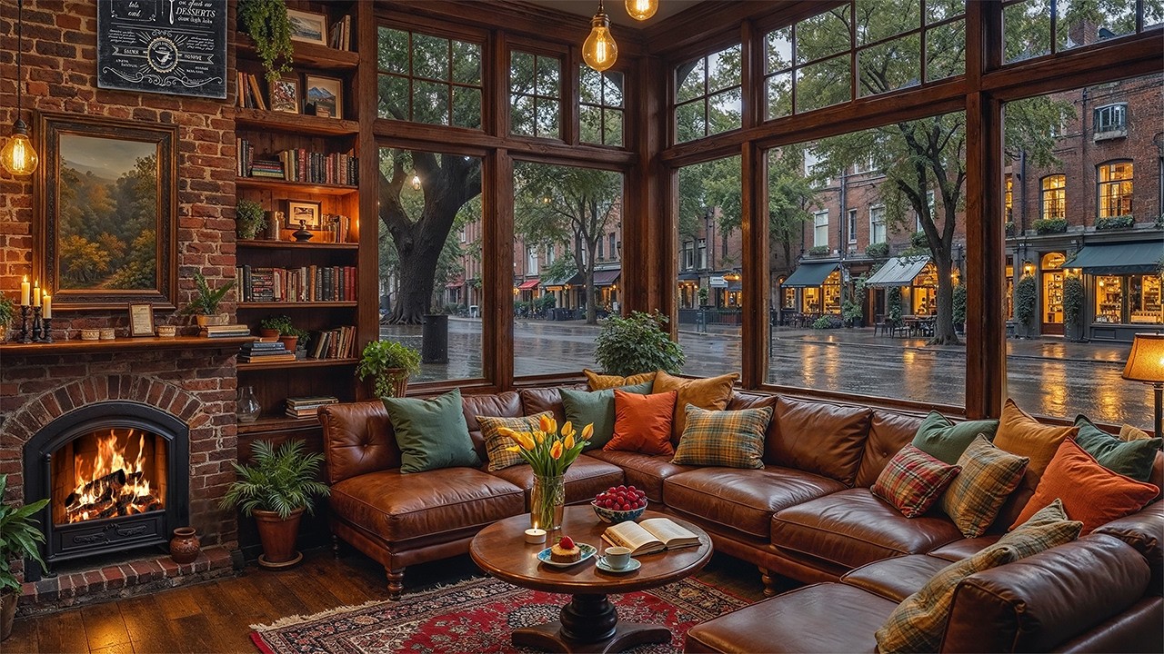 Quiet Coffee Shop by the Fireplace ☕ Gentle Jazz Music & Crackling Fireplace for Study, Work