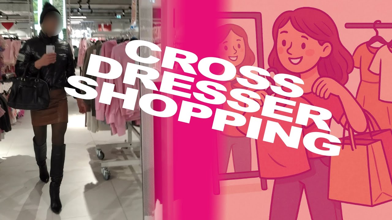 CROSSDRESSER SHOPPING IN THE LEATHER SKIRT BOOTS AND GLOSSY PANTYHOSE FITTING ROOM