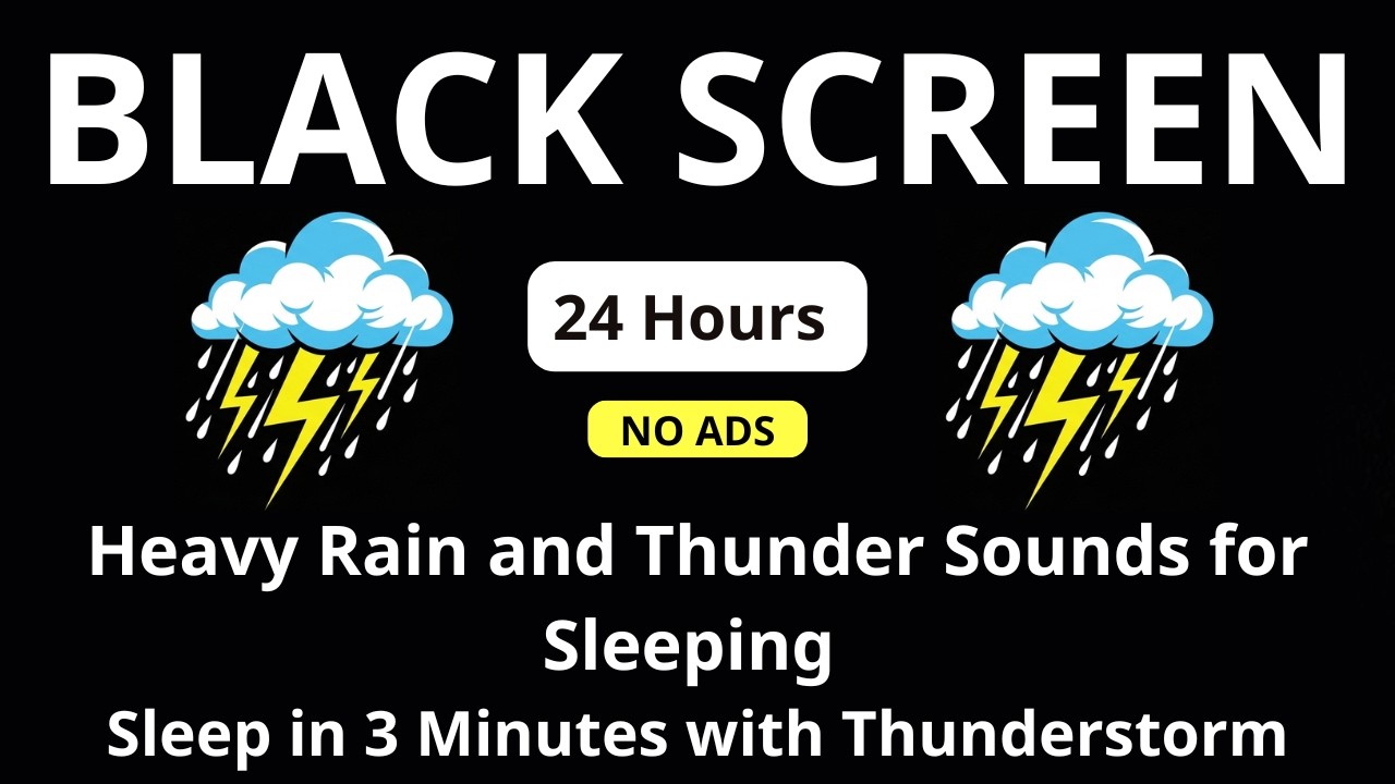 🔴 Heavy Rain and Thunder Sounds for Sleeping – Black Screen | Sleep in 3 Minutes with Thunderstorm