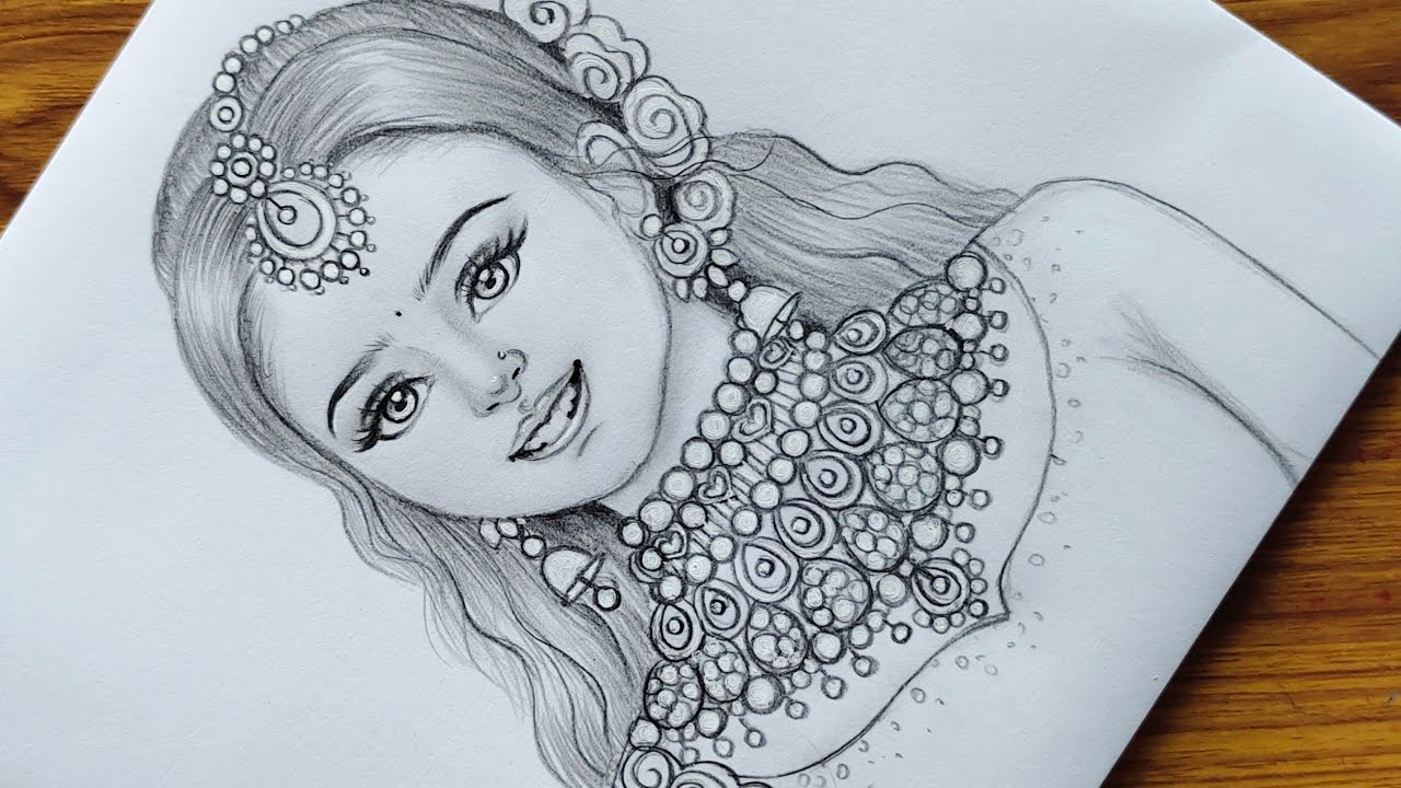 How to draw a Traditional girl with beautiful hairstyle | Jewellery design | girl drawing