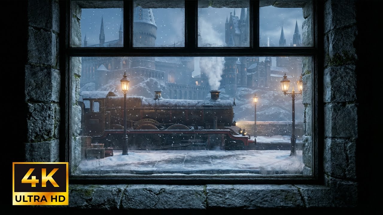 Hogwarts Express Winter Station ❄️🚂 | Cinematic Train Window View • 432 Hz Magic | TV & Projector