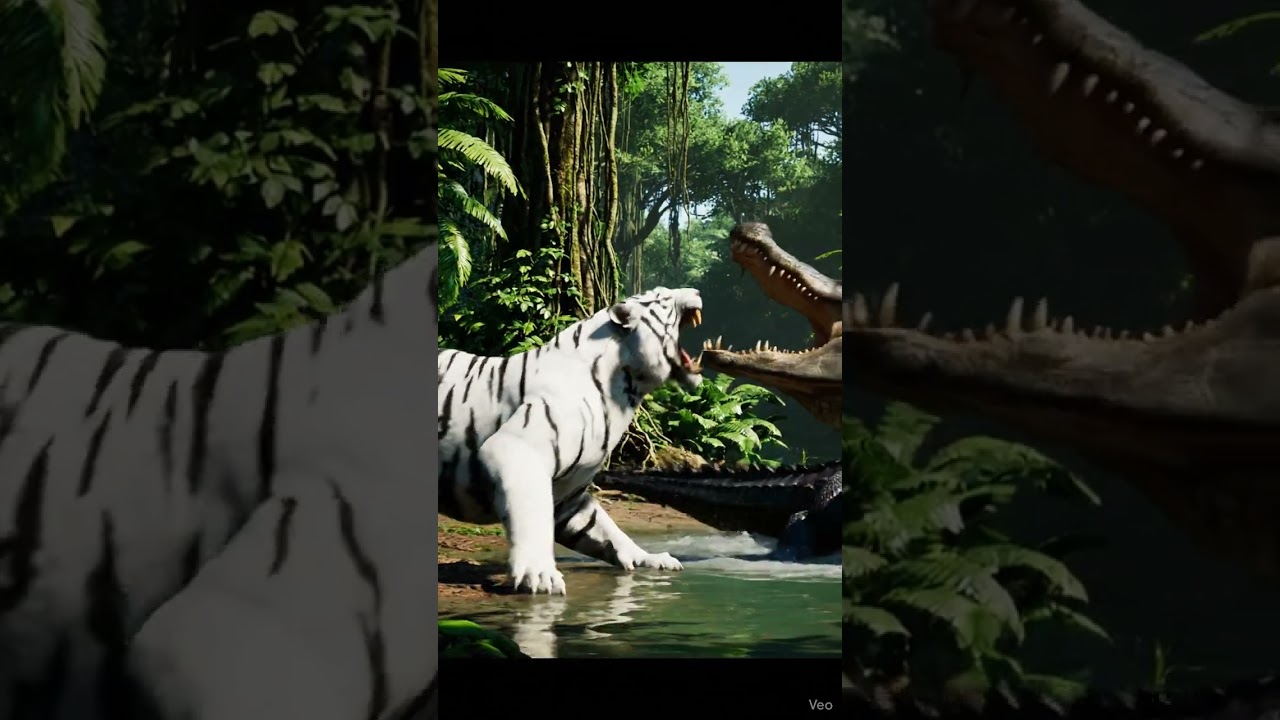 white Tiger attacks a giant alligator.. never seen in the wild..