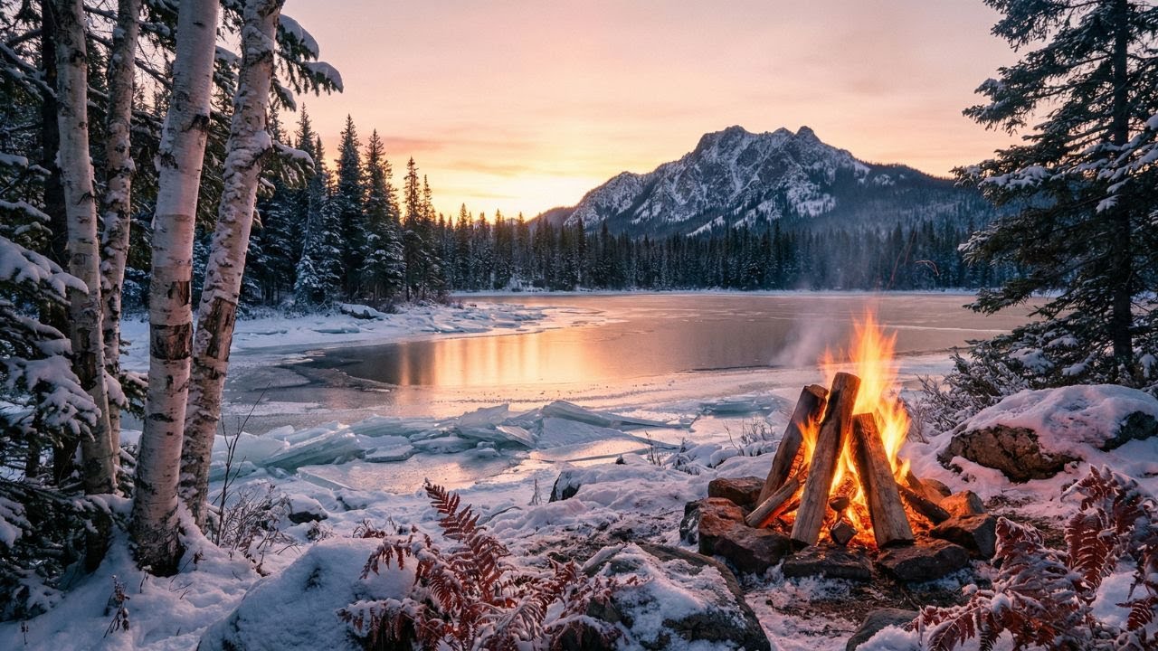 You’re in a Quiet Winter Valley at Sunrise❄️ Listening to a Warm Crackling Fire