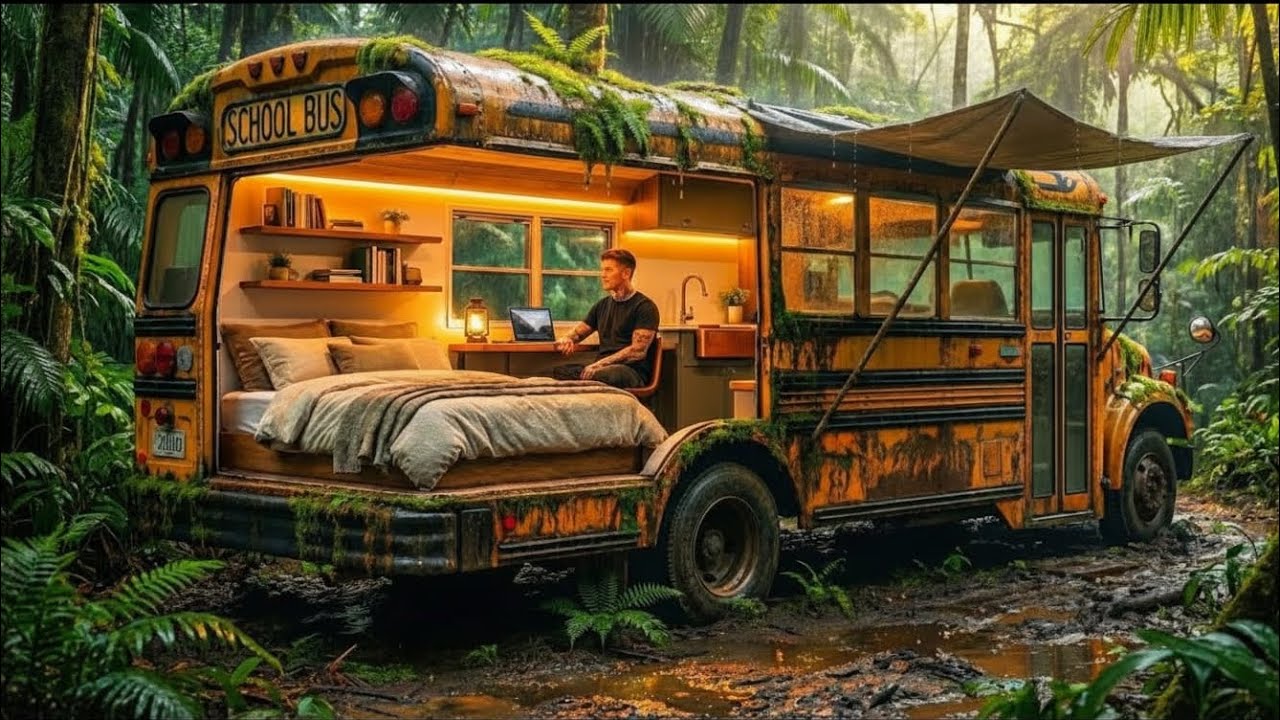 I built a secret bus home in the jungle in heavy rain — harmonious extreme off-grid construction