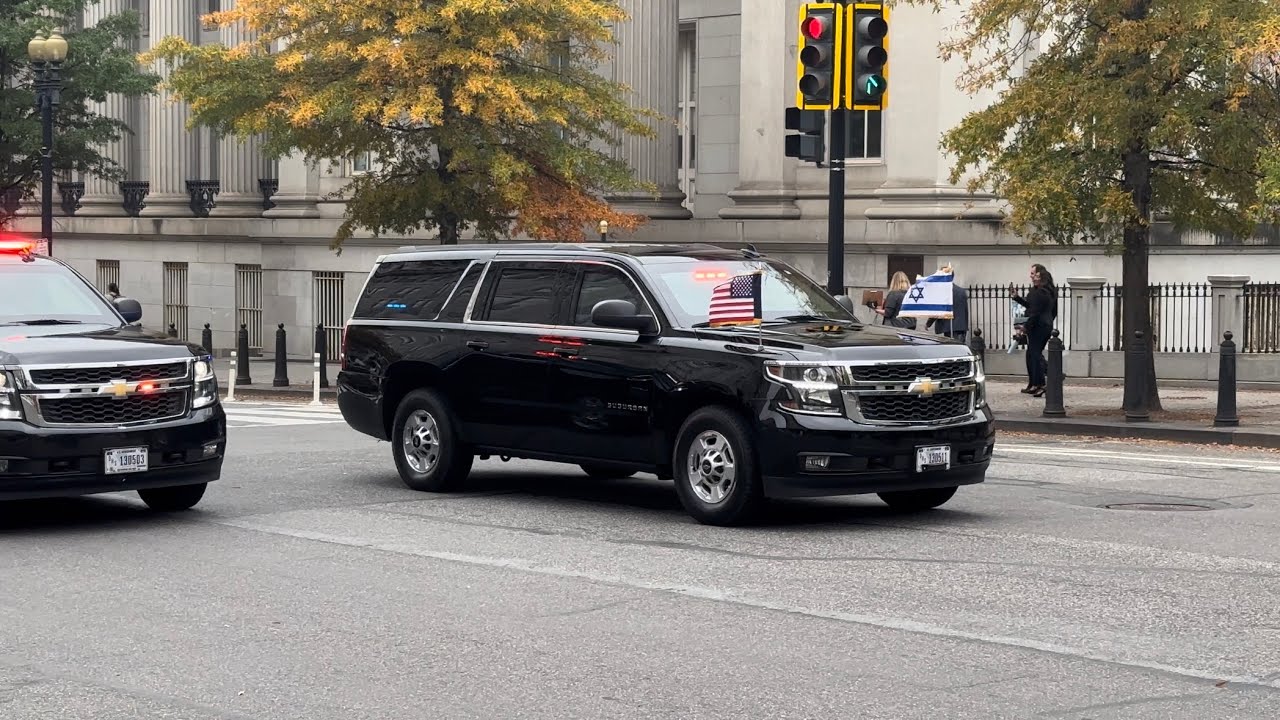 President Isaac Herzog of Israel motorcade arrives at the White House for a meeting with Joe Biden.