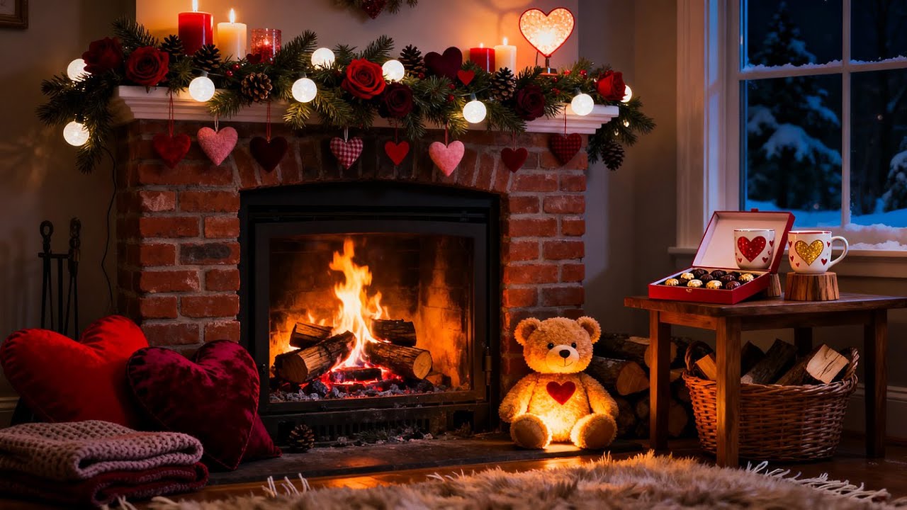 Romantic Winter Fireplace 🔥❤️ Candlelit Evening, Soft Fire Sounds, Cozy Atmosphere