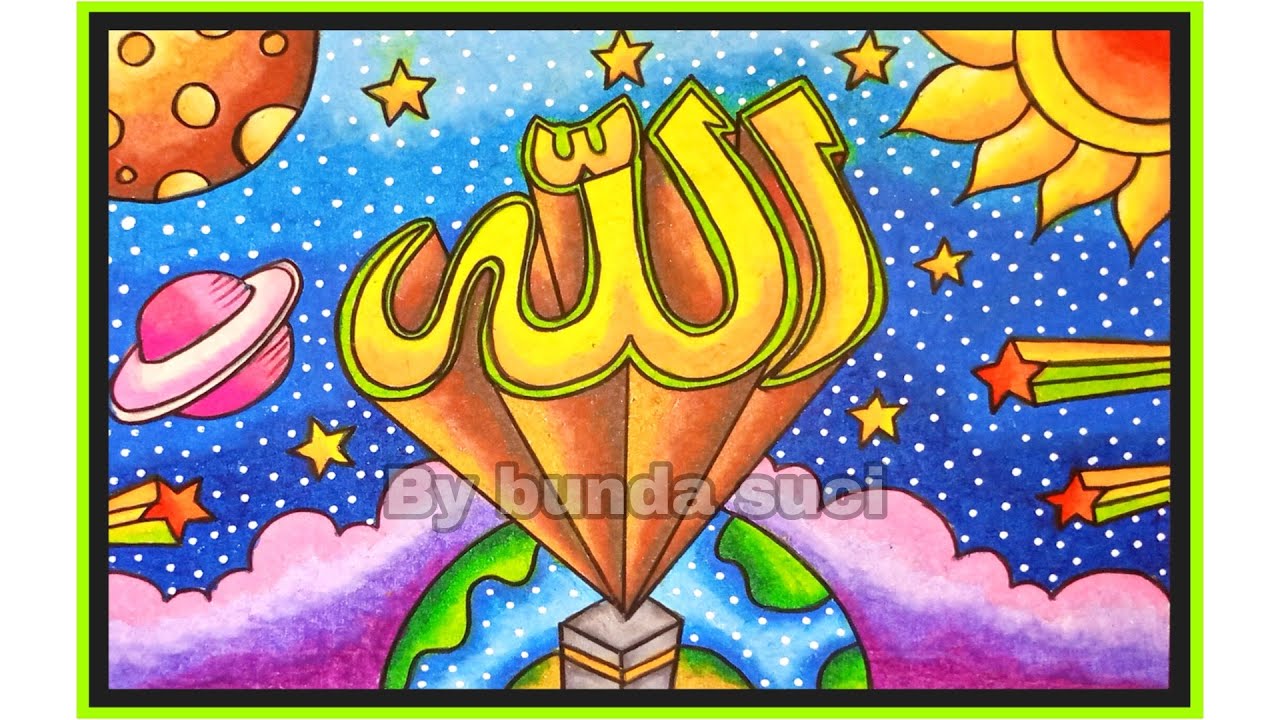 How to draw arabic calligraphy ALLAH 3D for beginner || cara menggambar dan mewarnai kaligrafi 3D