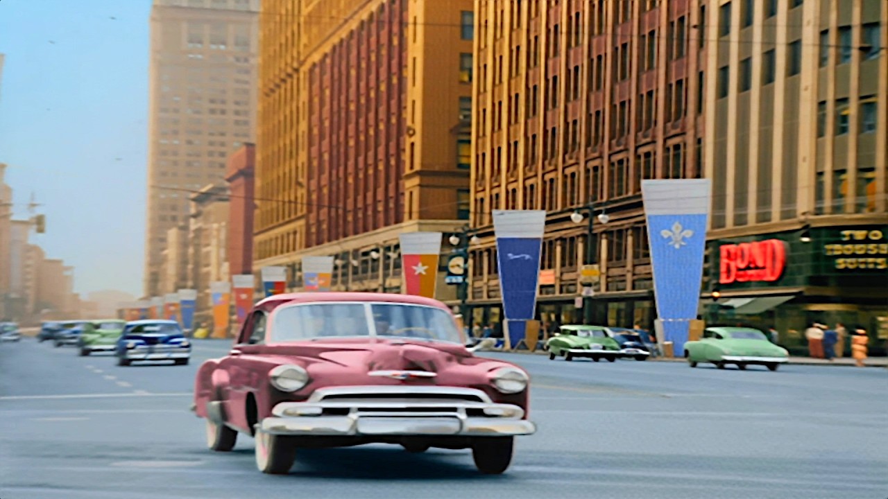 Detroit 1950s in color, Street Scene [60fps,Remastered] w/sound design added