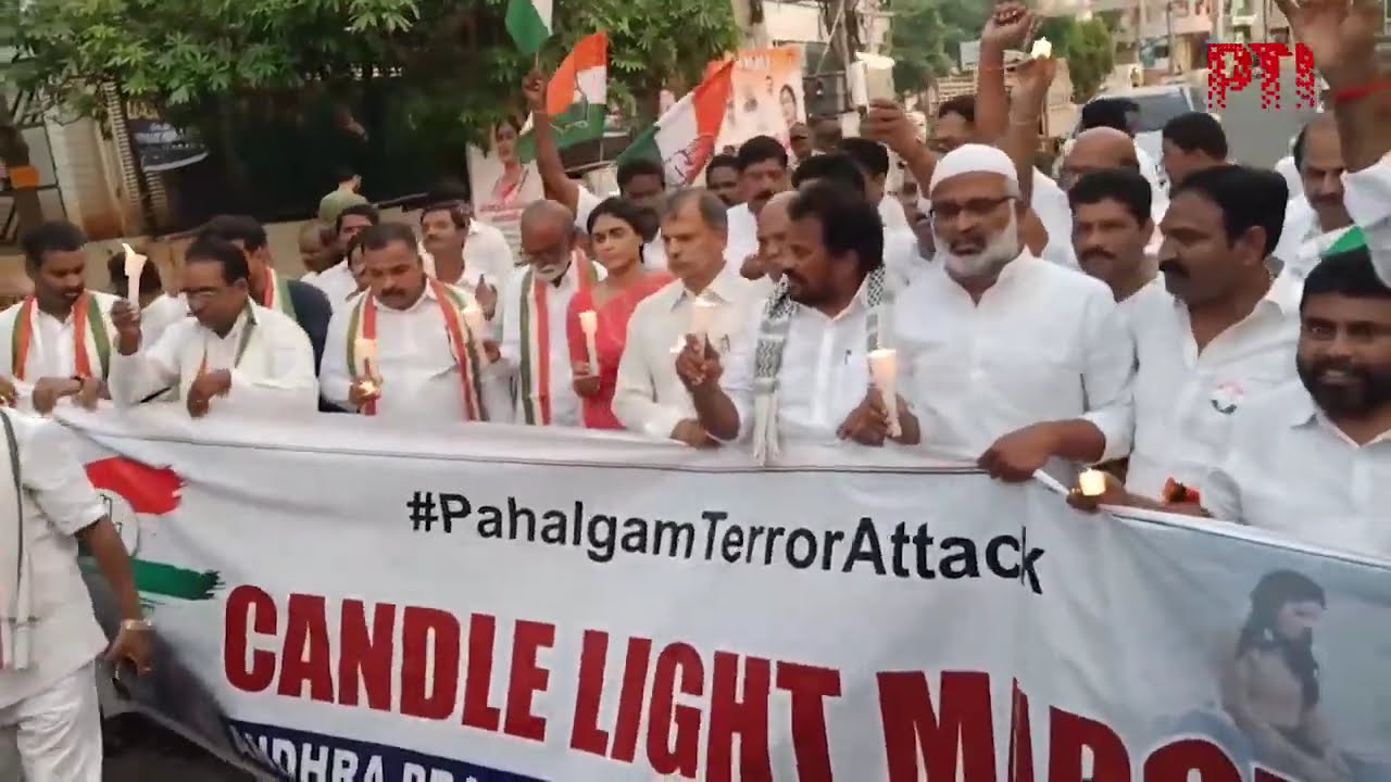 Andhra Pradesh Congress Committee takes out a candle march against the Pahalgam terror attack.