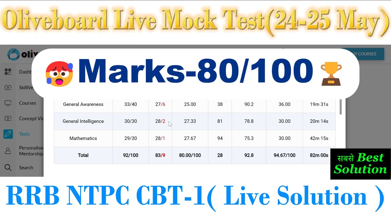 OLIVEBOARD LIVE MOCK TEST✅(24-25  MAY)🥵|RRB NTPC CBT-1🎯( full solution)|marks-80/100🔥🏆#rrb#rrbntpc