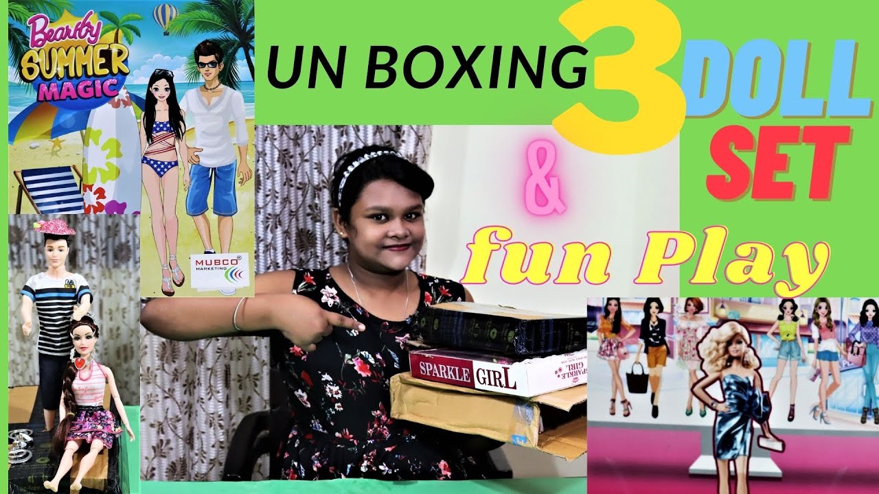 Un Boxing 3  Doll Set, Mubco Couple Barbie Ken Summer Magic Fashionista Doll Puppy & Surfboard
