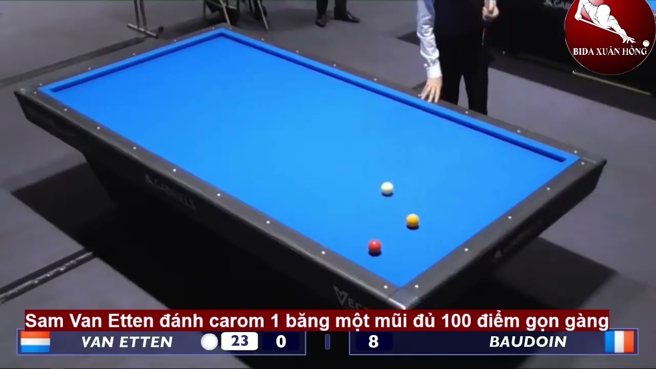 Xem Sam Van Etten đánh carom 1 băng một mũi 100 điểm đủ tiền gọn gàng