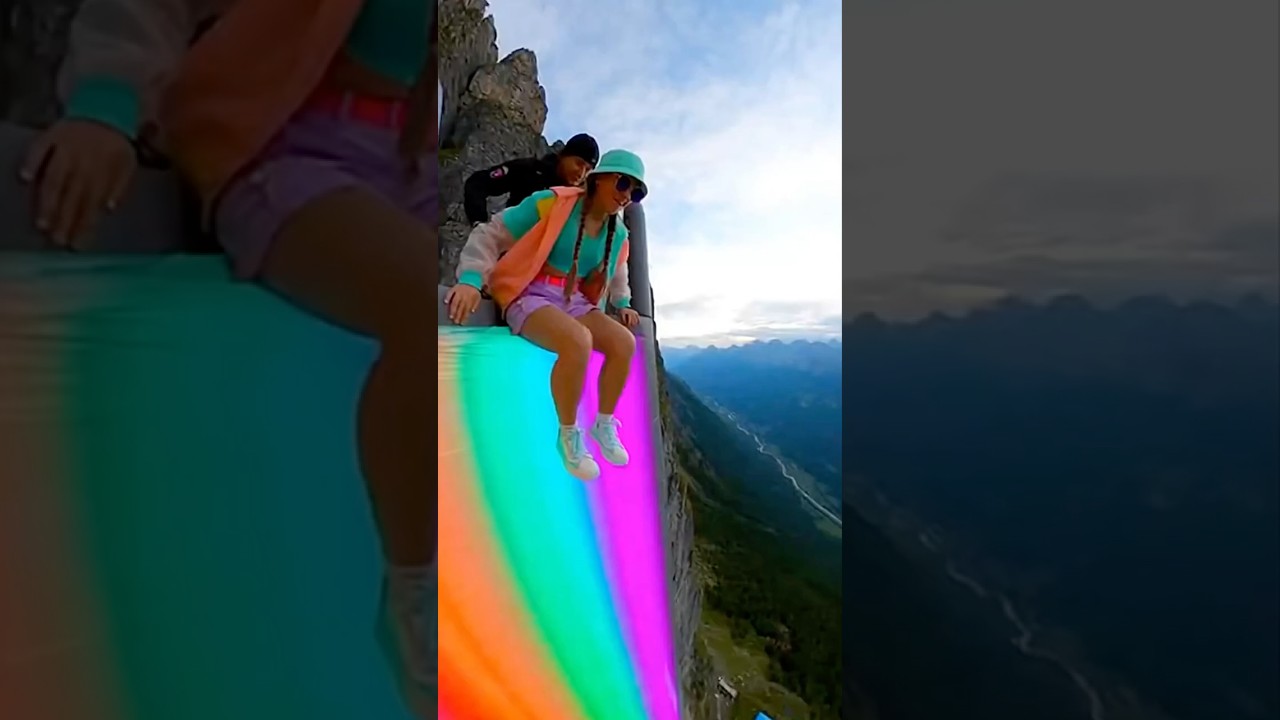 Glowy Cliff Slide is Fun 😱🔥 Girl Slides then Flies over Airbag! 