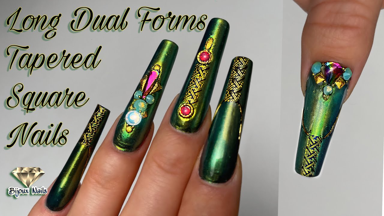 Long Tapered Square Nails / Dual Forms & Polygel / Green Nails Design 2022